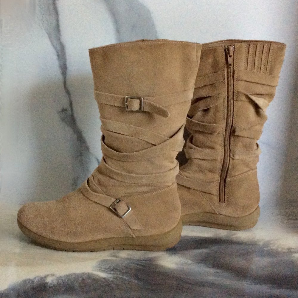 Beige Suede Side Zip Boots with Straps & Buckles - Picture 5 of 13